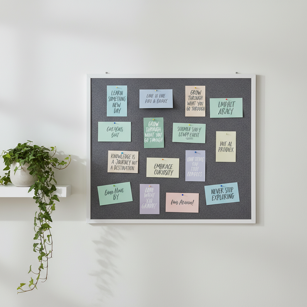 A pristine, matte-finished felt notice board filled with neatly pinned pastel-colored index cards, each displaying hand-lettered motivational quotes about lifelong learning. The board is mounted on a pale, uncluttered wall, with a small trailing ivy plant on a floating shelf nearby. Soft overcast daylight streams in from a nearby window, diffusing the scene and casting faint, soothing shadows. The image carries an uplifting, encouraging mood, composed at eye level with the board centered in the frame. The style is clean, modern, and inviting to reflect the spirit of adult education and personal growth.