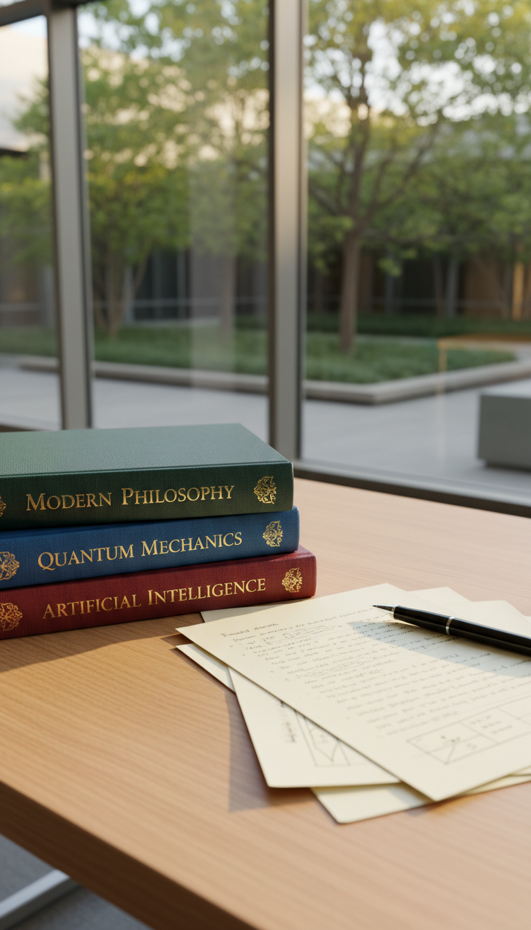 An orderly stack of richly colored hardcover textbooks, each with textured spines embossed in metallic lettering, sits atop a smooth, light wood desk. Scattered beside the stack are handwritten notes on crisp, ivory paper, and a closed black ink pen with chrome accents. The desk rests by a wide window overlooking a serene, leafy courtyard, with gentle afternoon light creating natural highlights and subtle shadows across the materials. The setting feels focused and studious, evoking a mood of calm intellectual curiosity. Captured from a slightly elevated angle with clean, sharp focus on the foreground, the style is modern and minimalist, aligning with a professional adult learning environment.
